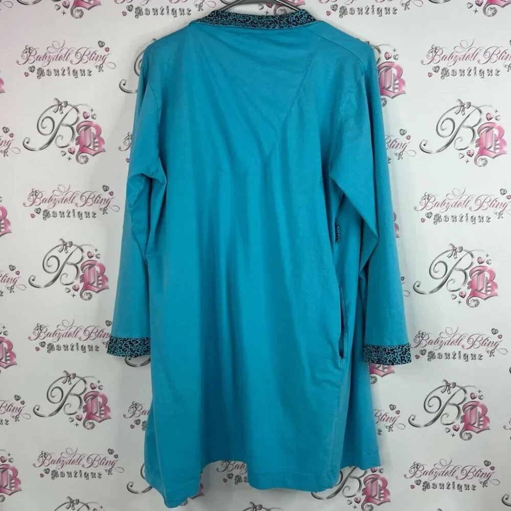 La Vie En Rose robe cheetah blue black tie up embroidered Turquoise Robe